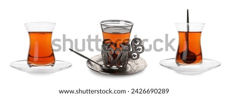Traditional Turkish tea in glasses isolated on white, set