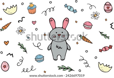 Bunny rabbit. Vector doodle set with carrot, eggshell, candy, colored eggs