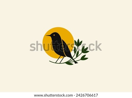 Logo Silhouette Bird and sunshine with branch leaf, Minimalist and modern logo design, editable color