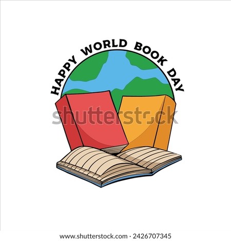 World book day 23 april. Stack of colorful books with open book on teal background. Education vector illustration