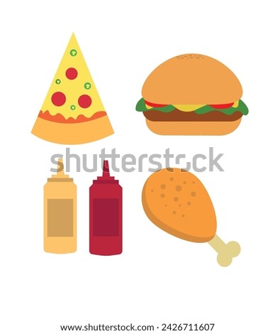Pizza, Chicken, Hamburger, ketchup, mayonnaise vector. Fast food icon set