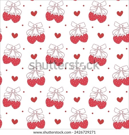 Coquette strawberry with bow seamless pattern, retro vintage background isolated.