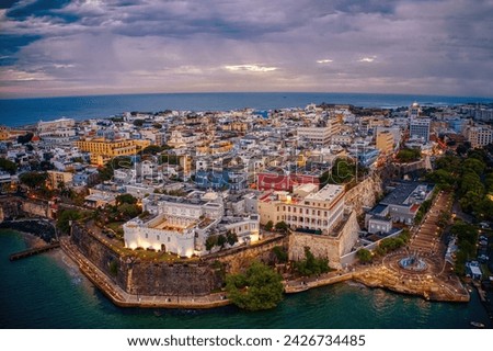 Aerial View of old San Juan, Puerto Rico at SunriseSunset Royalty-Free Stock Photo #2426734485