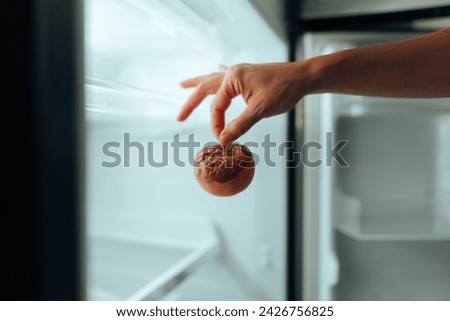 
Hand Taking out a Rotten Apple from the Fridge 
Person throwing away some damaged foods from a broken refrigerator 
 Royalty-Free Stock Photo #2426756825