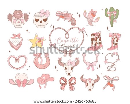 Coquette Cowgirl Pink ribbon bow Cartoon Doodle trendy collection.  Playful and Whimsical Illustration.
