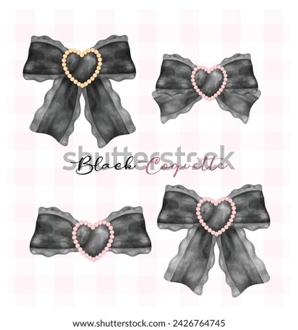Black coquette ribbon bow set, victoria aesthetic watercolor hand drawing