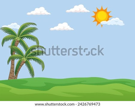 Beach landscape showcasing natural beauty. image contains a palm tree, green ground, blue cloudy sky, and sun. summer