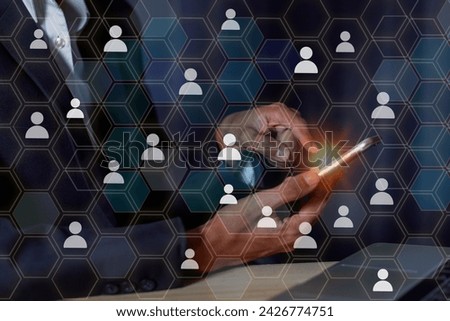 AI business people use mobile phones and laptop computers connected to the internet. Digital Technology and Digital Marketing, Ecommerce, Global Business Concepts Social media marketing