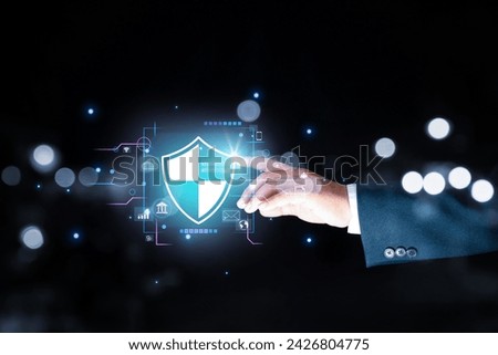 Cybersecurity and privacy concepts to protect data. Lock icon and internet network security technology. Businessman protecting personal data on smartphone, virtual screen interfaces. cyber security.