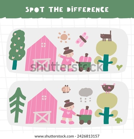 Spot the difference farm animals game for kids. Cute hand drawn doodle funny village, ranch, rural puzzle with farmer, tree, barn, sun. Educational worksheet, mind task, riddle, strategy quiz, mental  Royalty-Free Stock Photo #2426813157