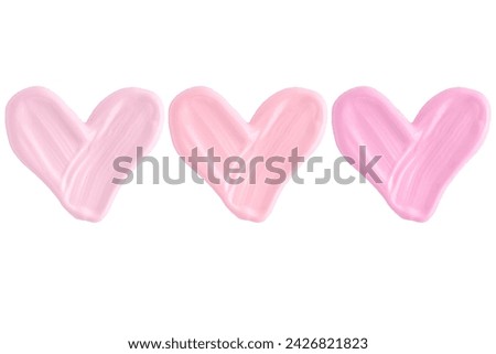 Set of hearts from liquid lipstick in pink and lavender pastel colours isolated on white background. Lipstick smear smudge texture different hue colors isolated on white background.  Royalty-Free Stock Photo #2426821823