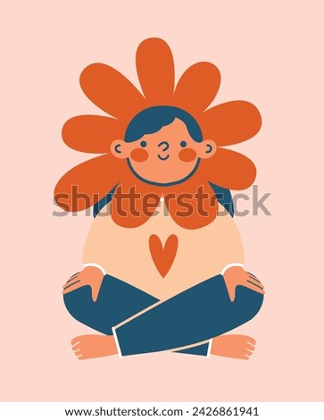 Cute teenage girl in flower hat and sweater, kid sitting in lotus pose.  Kawaii clip art with cartoon child character. Illustration with school girl. World Children's Day. Funny girl. Flat Design.