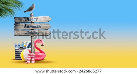 Happy Summer Holiday banner with wooden signpost and beach accessories, copy space