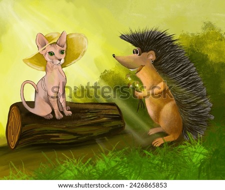 color illustration for the book. A cat and a hedgehog. A meeting of hunters in the forest.