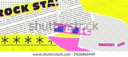 Bright background with torn paper, magazine clippings, newspaper. Trendy collage pop style with nostalgia for the 90s. Contemporary vector design. Royalty-Free Stock Photo #2426866449