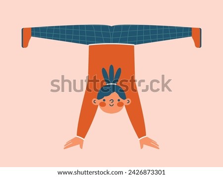 Handstand. Flat cartoon illustration. Cute kawaii teenage girl trains for stand on hands. Clip art with cartoon child character. Acrobatics, gymnastics, stretch. Schoolgirl for sticker, card, banner.