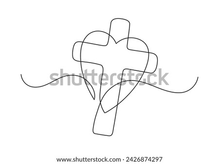 Christianity love. Heart and cross. Continuous line drawing. Religion concept. Vector illustration. Royalty-Free Stock Photo #2426874297