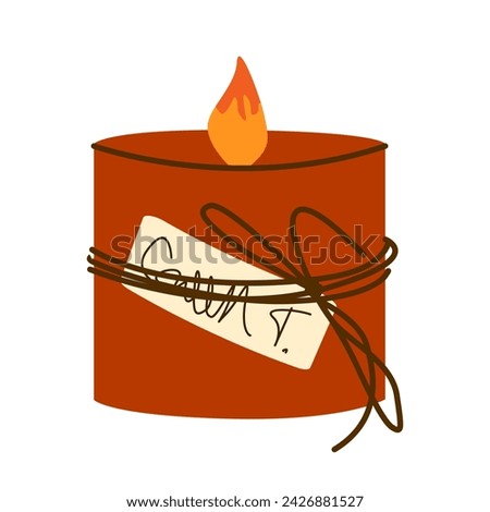 Scented burning candle. Home decorative natural candle for relaxation and spa. Red candle with cinnamon for cozy autumn evenings. Hygge time. Clip art. Flat cartoon colorful vector illustration.