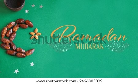 A festive and colorful greeting for Ramadan, with a crescent moon and star made of dates and almonds. Royalty-Free Stock Photo #2426885309
