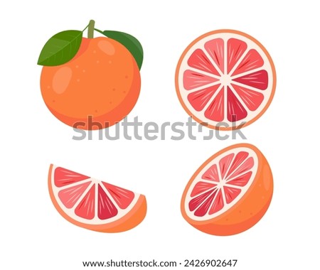 Fresh grapefruit or red orange set. Whole grapefruit with leaves, grapefruits slices and half of cut fruit. Organic fruits for juice or vitamin C healthy food. Vector illustration isolated. Royalty-Free Stock Photo #2426902647