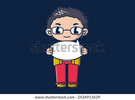 Cute man wearing glasses holding a blank board, cartoon illustration design. Isolated background