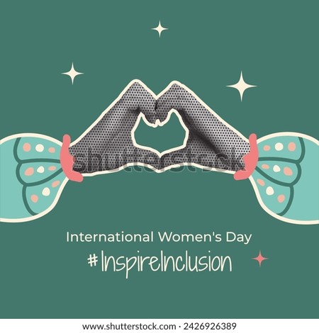 Trendy pop art greeting Card Inspire Inclusion background. InspireInclusion Halftone Collage poster for Social media in 2024. International Women day postcard with paper cut Hands making Heart. Royalty-Free Stock Photo #2426926389