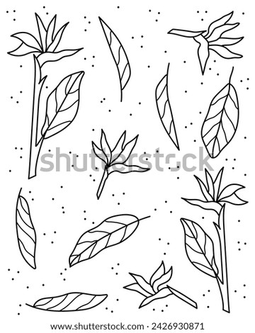 Leaves, flowers, background. Coloring page, black and white vector illustration.