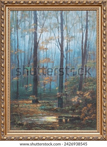 Oil painting forest landscape in frame. Fine art autumn landscape. Picture of a mysterious forest.