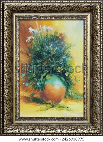 Picture of a bouquet of summer wildflowers in a vase. Oil painting still life in frame. Fine art, painting flowers. Royalty-Free Stock Photo #2426938975