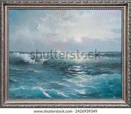 Oil painting seascape in frame. Fine art landscape. Cloudy sky, blue sea and waves.