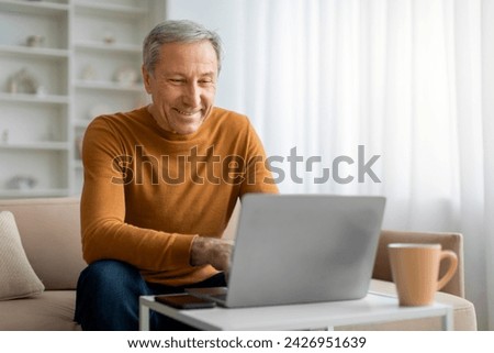 Cheerful handsome grey-haired senior businessman working on laptop from home, sitting on couch in living room interior, reading emails, websurfing, copy space Royalty-Free Stock Photo #2426951639