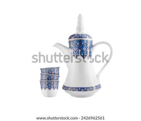 Porcelain Arabic Coffee pot and cups  isolated on white background Royalty-Free Stock Photo #2426962561