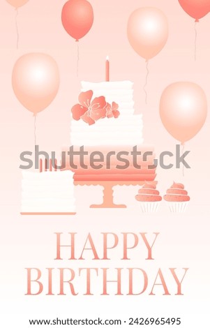 Peach Happy Birthday Congratulation Card ot Postcard Illustration With Cake and Balloons