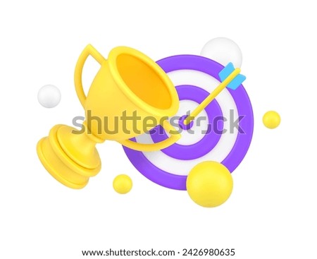 Target achievement dartboard with arrow in bullseye and cup award success aiming 3d icon realistic vector illustration. Perfect marketing management business efficient productivity win victory triumph