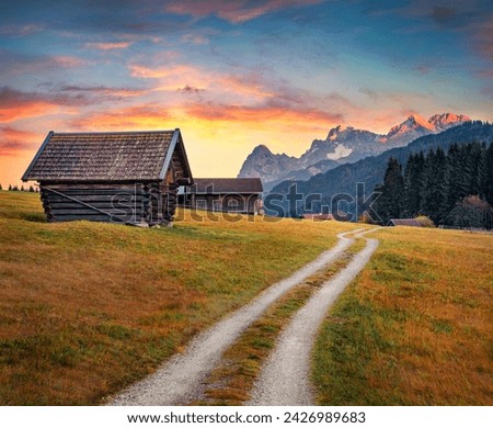 Fantastic autumn view of Zugspitze mountain range, Wagenbruchsee (Geroldsee) lake lacation. Amazing sunrise on Bavarian Alps, Germany, Europe. Beauty of countryside concept background.
 Royalty-Free Stock Photo #2426989683
