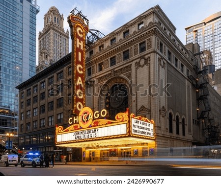 Chicago theatre lights at dusk Royalty-Free Stock Photo #2426990677