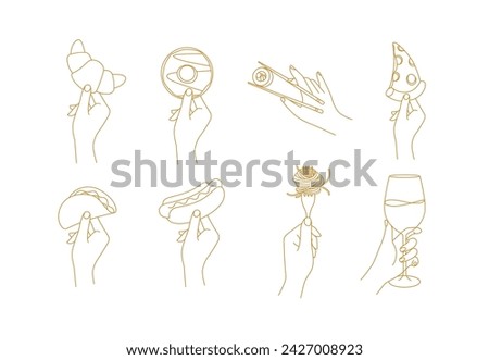 Hand holding food croissant, doughnut, sushi, pizza, taco, hot dog, spaghetti, wine drawing in linear style on beige background
