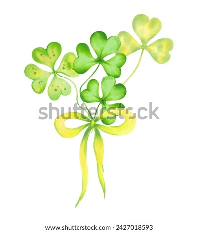 Bouquet of clover leaves with bow.Symbol of St. Patrick's Day.Watercolor and marker illustration.Hand drawn isolated sketch.Clip art composition for cards,stickers or template.