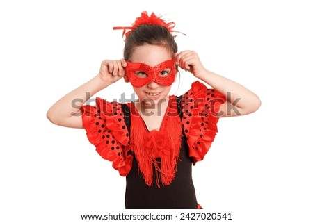 A little girl in a red Spanish dress and a carnival mask. Purim. White background