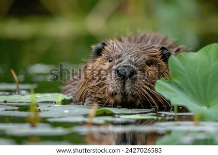Detailed view of a beaver's face amongst water lilies, with a focus on its wet fur and attentive eyes in its natural habitat.