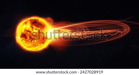 Magnetic flare on the sun. A strong explosion with plasma ejection on the sun in stellar space. Radio signal shutdown on planet earth Royalty-Free Stock Photo #2427028919