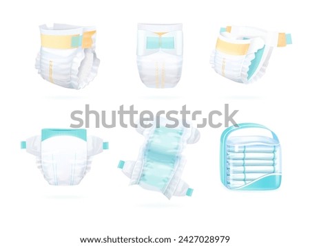 Realistic diapers. Baby diaper mockup, diapering stack package for newborn pee incontinence dry body, kids nappy disposal eco absorbent, 3d vector illustration of realistic diaper mockup packaging Royalty-Free Stock Photo #2427028979
