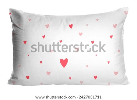 Soft pillow with printed red hearts isolated on white Royalty-Free Stock Photo #2427031711