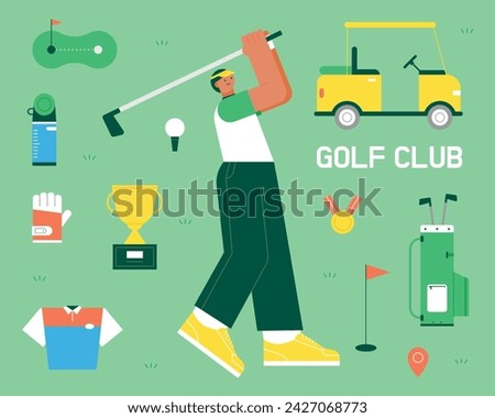 A character doing a golf swing. Golf objects of simple design are organized around him. flat vector illustration.