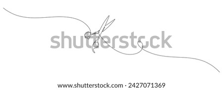One continuous line drawing of hair scissors. Minimalistic web banner and modern logo of barber shop and hairdressing salon in simple linear style. Editable stroke. Doodle outline vector illustration