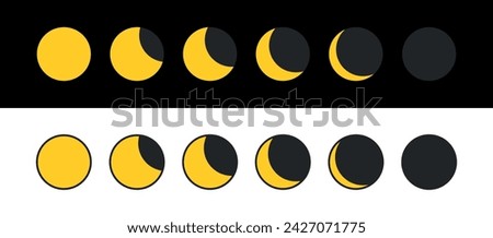 Set of moon or crescent icons. Moon phases, symbol of space and night. Earth satellite with different sun illumination.