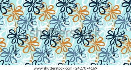 Light blue and orange seamless pattern with contrast hand drawn ink brush stroke chamomile flowers. Sketch expressive paintbrush flower print for textile, wrapping paper, cover