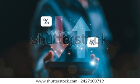 Businessmen show percentage icons and up and down arrow icons with graph indicators. Concept of financial interest rates and mortgage rates. Interest Rates Stocks Finance Ratings Mortgage Rates.
