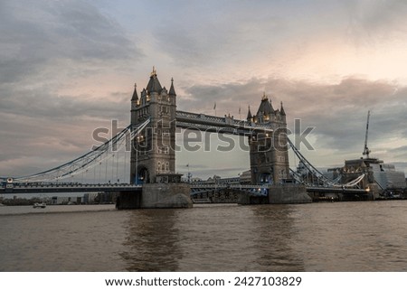 Scenery view of famous Tower bridge and skyline in the river thames at evening. Copy space, Selective focus.