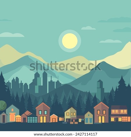 House Home Building with Mountain Nature View Flat Design Illustration